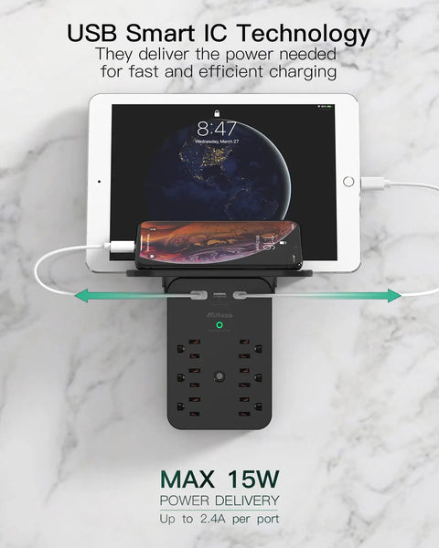 Black Surge Protector Wall Outlet Extender With Six AC Outlets USB C Port And Two USB A Ports Space Saving Wall Plug Expander With Removable Shelf Charging Tablet and Phone