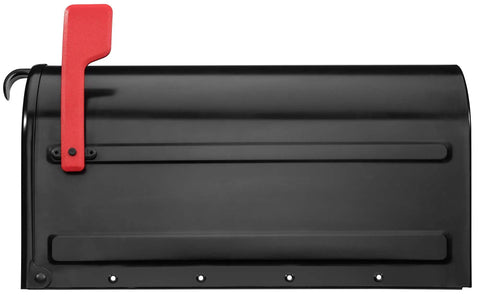Black metal mailbox with red flag, side view showing predrilled mounting holes, differs from Big White Post Mount Mailbox With Front Access Door.