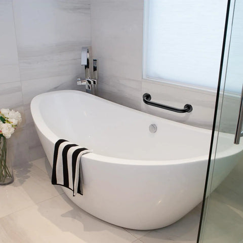 Bathroom with freestanding tub and mounted Two Pack 12 Inch Matte Black Shower Grab Bars Stainless Steel Wall Mount Safety Hand Rail
