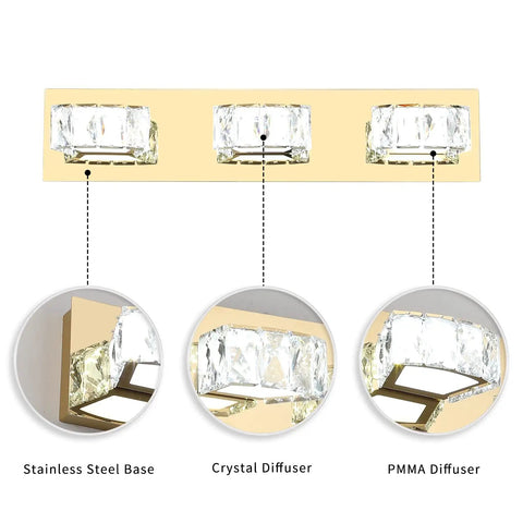 Dimmable Three Light Vanity Lights For Bathroom Over Mirror 22 Inch Modern LED Wall Sconces 15W 6000K Gold Finish Detail