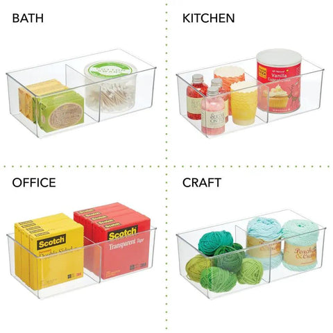 Two Compartment Clear Storage Box For Bedroom Organization BPA Free Plastic Clothes Organizer In Transparent Green Measures Six By Twelve By Four Inches Two Pack in various settings like bath, kitchen, office, and craft.