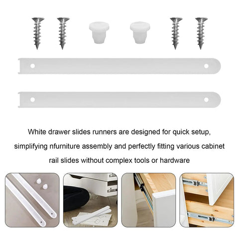 Heavy Duty Cabinet Drawer Tracks With Plastic And Metal Construction White Center Mount Slides For Shelves And Bins Noiseless Smooth Operation No Brainer Install Lightweight Runner System For Dresser Or Cabinet Use. White drawer slides with screws and plastic guides