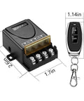 Heavy-Duty 12V Wireless Remote Switch With 30A Relay for DC motors, fans, and lamps with RF remote control shown.