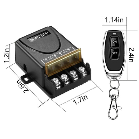 Heavy-Duty 12V Wireless Remote Switch With 30A Relay for DC motors, fans, and lamps with RF remote control shown.