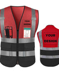 Top Shelf High Visibility Reflective Safety Vest With Heavy Duty Zipper And Deep Storage Pockets Custom Business Logo front and back view.