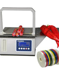 Automatic Omnidirectional Sausage Strapping Machine For Supermarket Vegetables And Food with red peppers and strapping rolls.