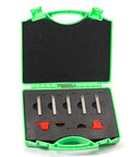 Pro Grade Mini Indexable Lathe Turning Tool Set Featuring One Quarter Inch Shank Nickel Plated Steel Holders With Five Carbide Inserts in green case.