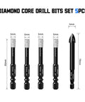 Diamond core drill bit set, 5 pcs with hex shank, diamond-coated tips for ceramic tiles