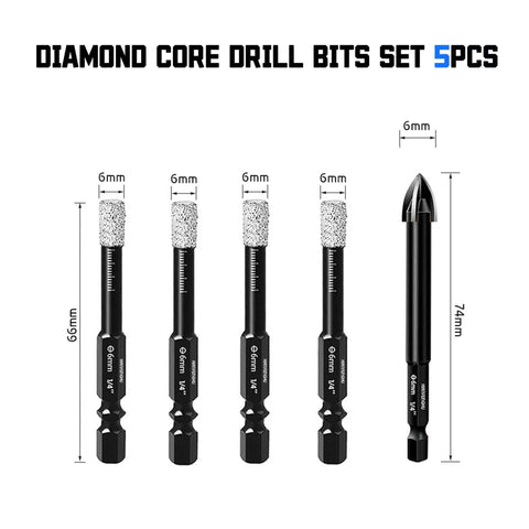 Diamond core drill bit set, 5 pcs with hex shank, diamond-coated tips for ceramic tiles