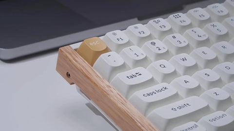 Next Level Wireless Gaming Mechanical Keyboard With Compact 96 Layout And Rapid Magnetic Switches Hot Swap Programmable RGB Backlight Bluetooth Wired Setup Fire Performance For Mac Windows keyboard close-up with wooden frame and white keys