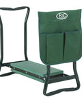Green Soft EVA Pad Garden Kneeler Seat Folding Bench for kneeling and weeding with tool pouch, 250 lb weight capacity, steel tubing.