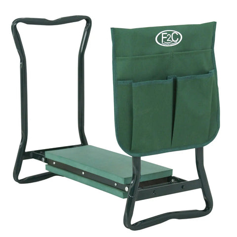Green Soft EVA Pad Garden Kneeler Seat Folding Bench for kneeling and weeding with tool pouch, 250 lb weight capacity, steel tubing.