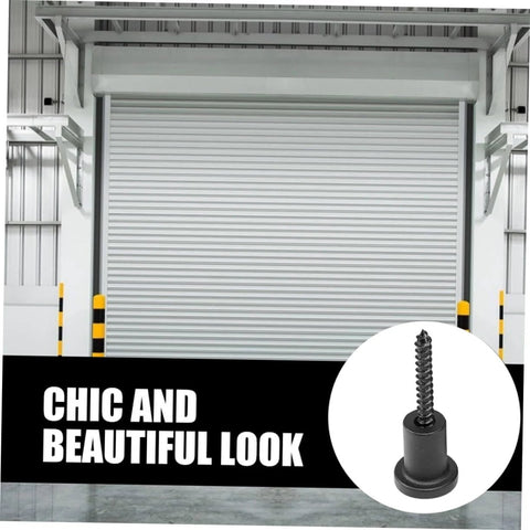 Industrial garage door with a close-up of a black screw stopper, highlighting the Barn Door Track Connector Accessory With Easy Install DIY Friendly Includes Pipe Clamp And Screws Carbon Steel Sliding Door Stopper Kit Sturdy Hardware For Replacing Or Upgrading Your Barn Door System.