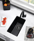 Top view of 18 Inch Drop-In Bar Sink Black Quartz Composite Single Bowl For Small Kitchens And RVs Durable Granite-Style Mini Sink With Bottom Grid
