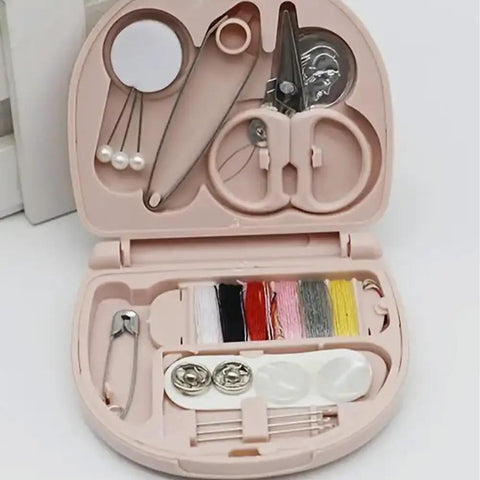 Pink Portable DIY Craft Box For On The Go Makers Compact Travel Sewing Kit With Vibrant Multicolor Thread Assorted Needles Buttons
