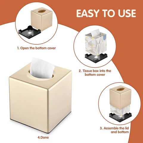 Assembly of Hand Tissue Box Cover Decorative Square Tissue Holder For Bathroom Vanity Dresser Nightstand Office Parlors Champagne Gold Finish Sleek Modern Square Design Keeps Tissues Neatly Stored And Elevates Your Space