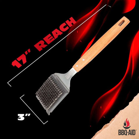 Grill Brush And Scraper For Outdoor Barbecue With Extended Wooden Handle And Replaceable Stainless Steel Bristle Head No Scratch Clean