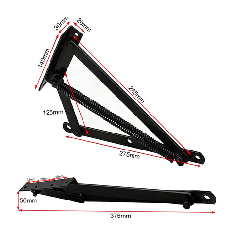 Heavy Duty Bench Seat Hinges With Spring Lift Up Mechanism For Storage Sofa Bed Ottoman Toy Box Chest And Furniture Storage Hardware In Black Steel Tough As Nails Build, with dimensions and spring visible.