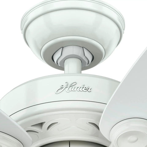 Close-up of 34 Inch Watson Ceiling Fan With LED Light Kit In Snow White Finish Pull Chain Multi Speed Whisper Wind Motor Reversible