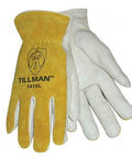 Unlined Pearl Cowhide Driver Gloves With Top Grain Palm, Bourbon Split Leather Back, Keystone Thumb, Medium, White and Yellow