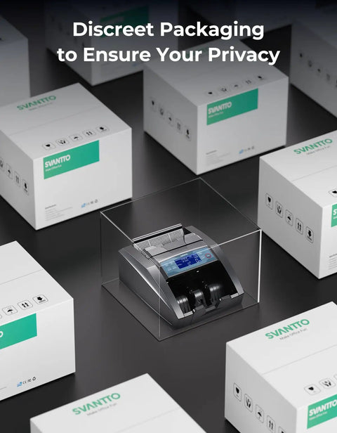 Money Counter Machine With Value Count And Counterfeit Detection For Dollar And Euro Bills, MT UV MG IR DD DBL HLF CHN displayed with packaging, discreet