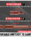 Tamper Proof Torx Screwdriver Bit Set 24 Piece Security Kit showcasing T5-T40 sizes in 1 inch and 2.3 inch lengths with brown S2 steel.
