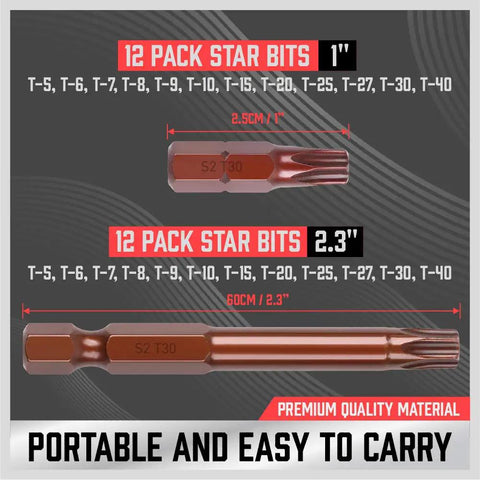 Tamper Proof Torx Screwdriver Bit Set 24 Piece Security Kit showcasing T5-T40 sizes in 1 inch and 2.3 inch lengths with brown S2 steel.