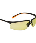 Anti Fog Amber Lens Safety Glasses With Black Frame European Style ANSI Z87 Eye Protection, angled view, amber lenses