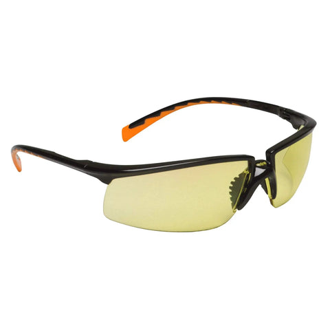Anti Fog Amber Lens Safety Glasses With Black Frame European Style ANSI Z87 Eye Protection, angled view, amber lenses