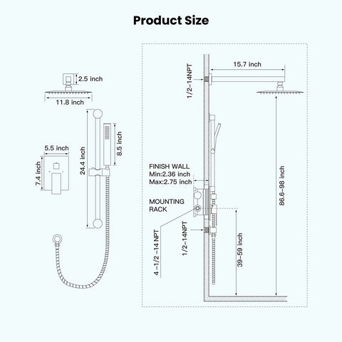Diagram of 12 Inch Shower Faucet Set With Slide Bar, Rain Shower Head And Handheld Spray, Wall Mounted Trim Kit dimensions
