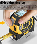 Built Tough 3 In 1 Laser Tape Measure With 130 Foot Range And 16 Foot Digital Ruler showing self-locking mechanism and digital display features.