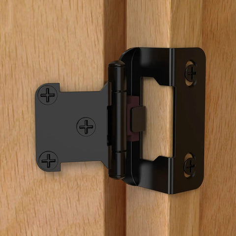 10 Pack Half Inch Overlay Self Closing Cabinet Hinges for Face Frame Cabinets Wrap Around Style Matte Black Installed