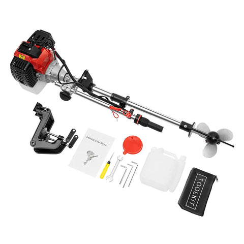 Beast Mode Two Point Three Horsepower 52CC Two Stroke Outboard Motor With CDI Ignition Air Cooled Engine Three Blade Propeller And Zero Point Twenty Two Gallon Fuel Tank Portable Heavy Duty Boat Engine For Inflatable Boats Kayaks And Fishing Yachts