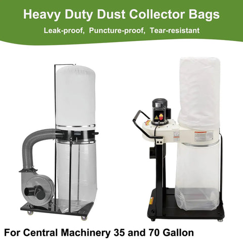 Two Central Machinery dust collectors with Beefy 7 Mil Two Sided Dust Collector Bags for 19.5 Inch Diameter, 31 W X 40 L, 6 Pack.