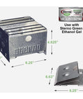 Foldable Camp Stove Portable For Outdoor Cooking Great For Camping Trips And Picnics Easy To Assemble And Lightweight For Tailgating Emergencies And Backyard Cooking Corrosion Resistant Frame Silver Pack Of 1, with dimensions shown and Sterno Green ethanol gel compatibility.
