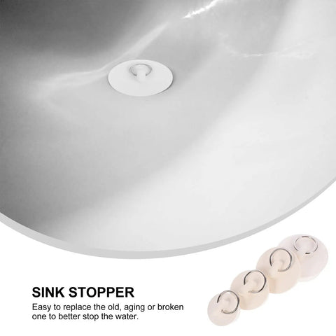 4pcs Rubber Bathtub Drain Stopper with Pull Ring in a sink, showing one inserted stopper creating a seal.
