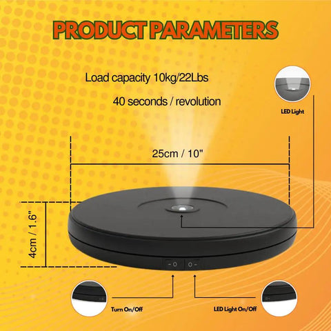 Stunning 25 Cm Motorized Rotating Display Turntable With White Led Lighting, dimensions and features overview.