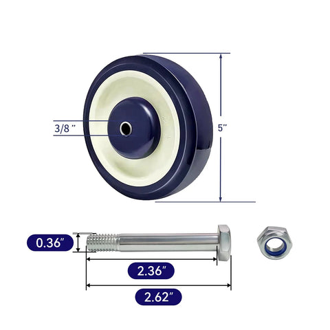 5 Inch Polyurethane Shopping Cart Wheels Four Pack With Stepped And Full Tread Face And Double Ball Bearing Heavy Duty 1400 Lb Capacity Replacement Carts For Grocery Stores And Restaurants Smooth Rolling Durable Construction, side view with bolt and nut dimensions.
