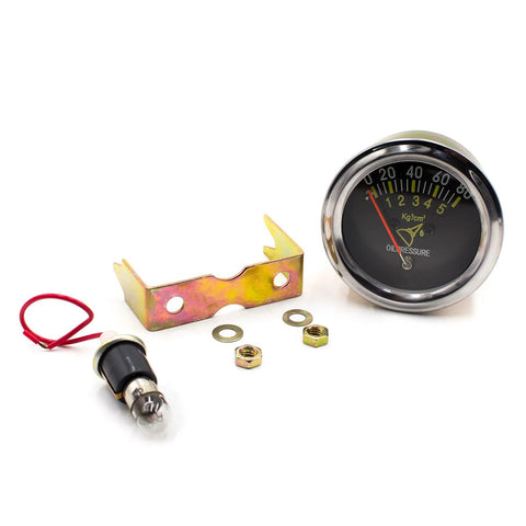 Front view of 52mm mechanical oil pressure gauge with chrome bezel, black face (0–80 PSI) and mounting hardware.