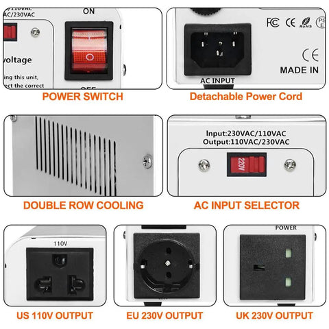 Beefy 800W Step Up Down Voltage Converter Transformer 110V To 220V 220V To 110V with US UK EU power cords and AC outlets close-up