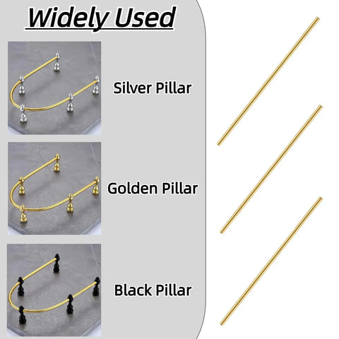 Kickass Gallery Rails For Shelves 3 Pack 15.7 Inch Aluminum Alloy Rods in silver, gold, and black with shelf guard pillars.