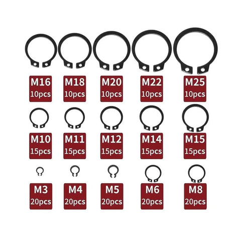 Durable Pro Grade 225 Piece 304 Stainless External Retaining Ring Set For Shafts E Type Circlips 15 Sizes From M3 To M25 Anti Rust C Clip Snap Ring Repair Kit For Mechanical Assemblies, M3-M25 rings