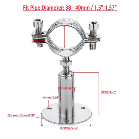 RITUIPIO 2-pack wall/ceiling pipe supports, 304 stainless steel, adjustable 30–60mm height, fits 15–19mm OD pipes.