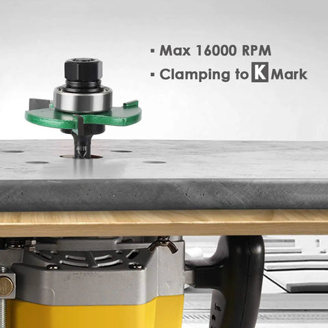 Pro Tongue And Groove Router Bit Set 1/4 Inch Shank With 3 Teeth Adjustable T Shape Wood Milling Cutter mounted on router table