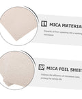 Close-up of mica foil sheets for microwave insulation, labeled for preventing oil splashes and extending service life.