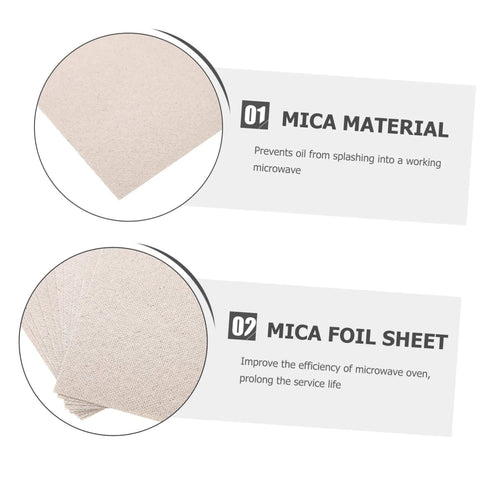 Close-up of mica foil sheets for microwave insulation, labeled for preventing oil splashes and extending service life.