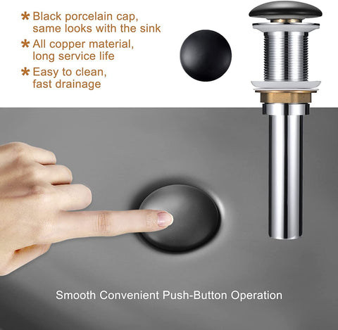 Close-up of pop-up drain mechanism with black porcelain cap and metal body for Matte Black Oval Vessel Sink 23.5 by 15.7 Inches.