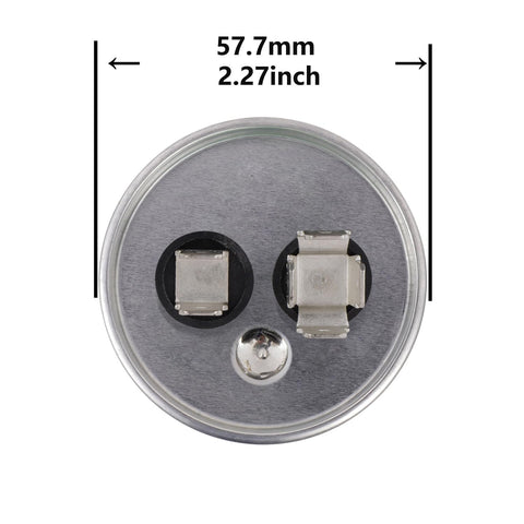 Top view of Beefy 60uF Round Run Capacitor For AC Motors And Fans 370/450V CBB65 MFD 60 showing terminals, 57.7mm diameter
