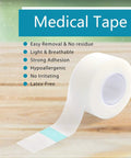 Medical tape roll, white fabric adhesive with light blue stripe, for use in first aid kits.