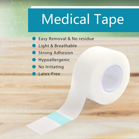 Medical tape roll, white fabric adhesive with light blue stripe, for use in first aid kits.